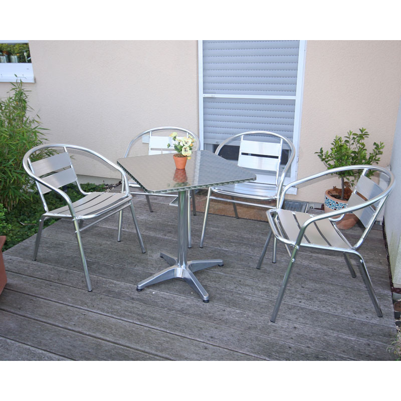 Ensemble bistro M64 table carrée + 4 chaises de jardin, aluminium, empilable