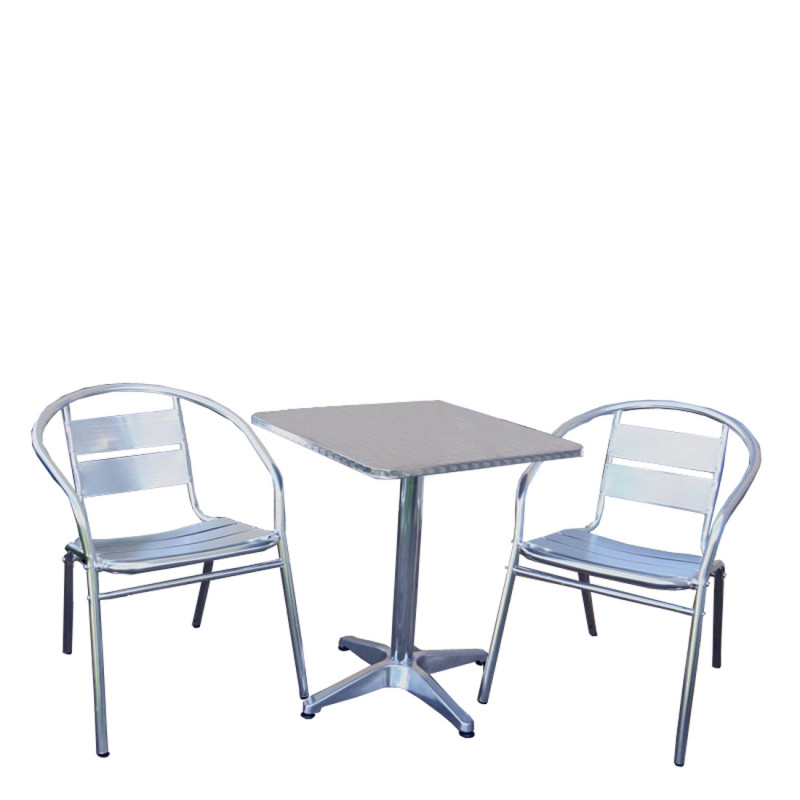 Ensemble bistro M64 table carrée + 2 chaises de jardin, aluminium, empilable