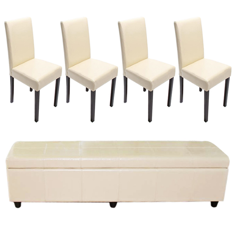 Ensemble banc Kriens XXL + 4 chaises Littau, cuir reconstitué, crème