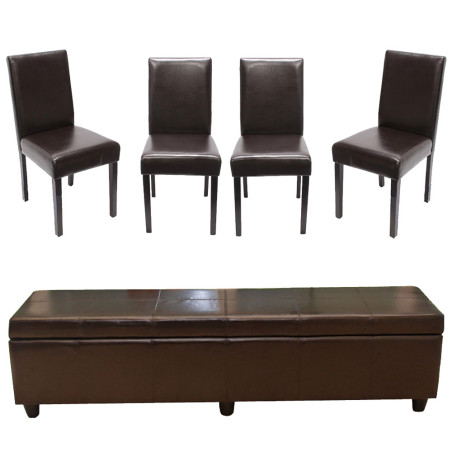 Ensemble banc Kriens XXL + 4 chaises Littau, cuir reconstitué, marron