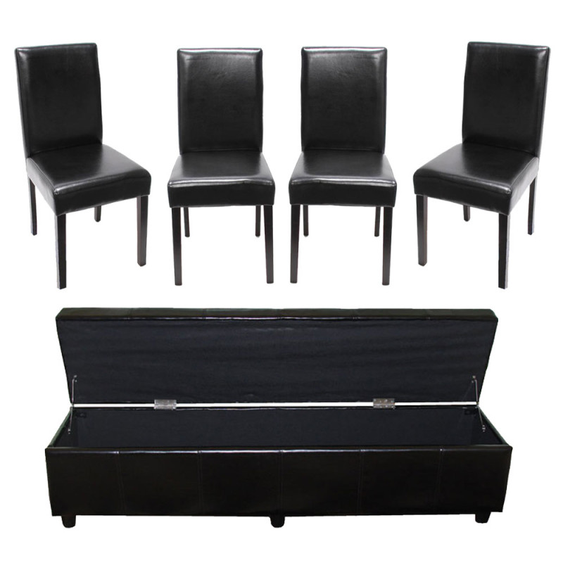 Ensemble banc Kriens XXL + 4 chaises Littau, cuir reconstitué, noir