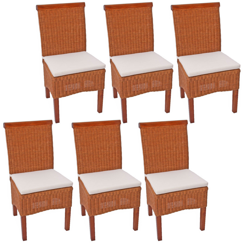 Lot de 6 chaises M42 salle à manger, rotin/bois, 46x50x96cm, avec coussins