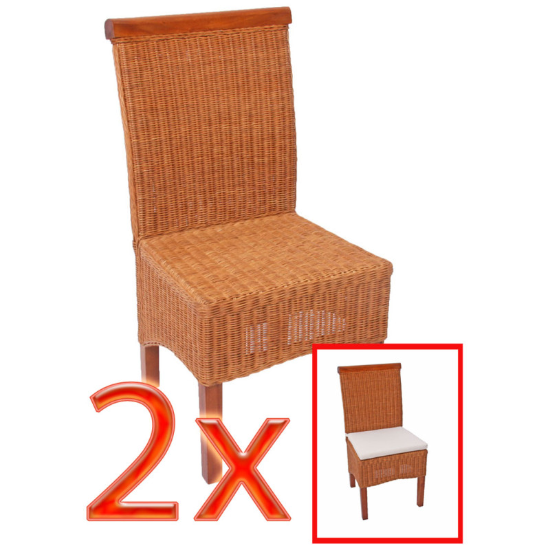Lot de 2 chaises M42 salle à manger, rotin/bois, 46x50x96cm, avec coussins