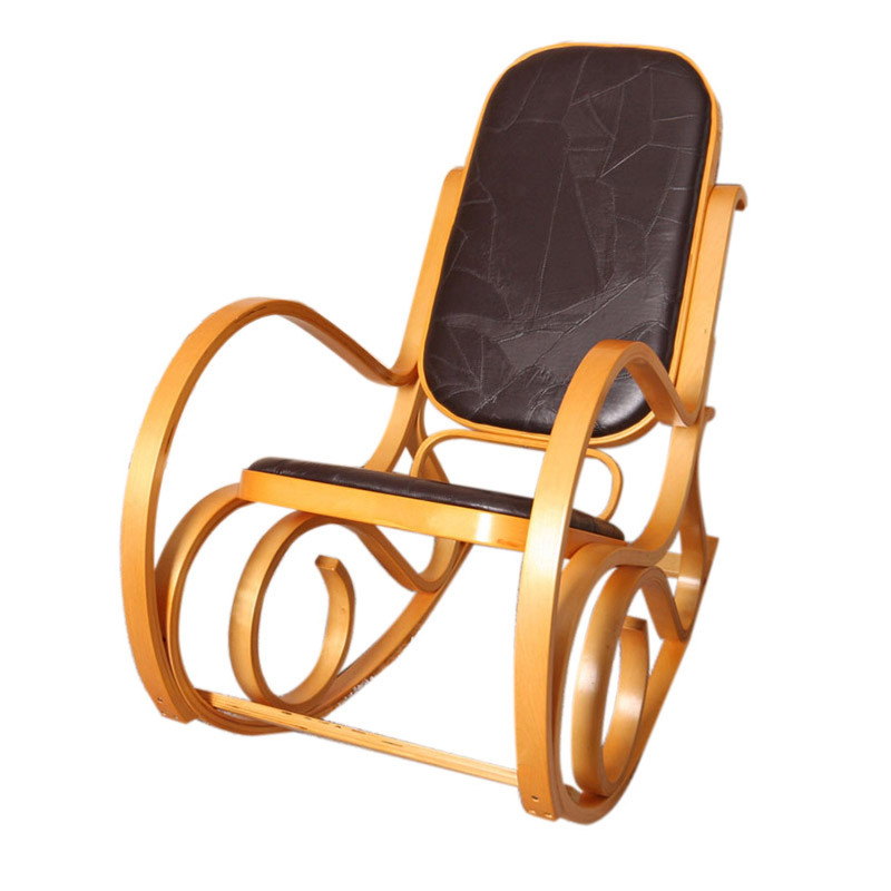 Rocking-chair, fauteuil à bascule M41, imitation bois de chêne, assise en cuir Patchwork, marron
