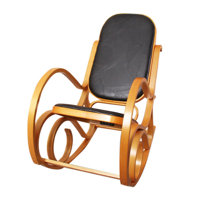 Rocking-chair, fauteuil à bascule M41, imitation bois de chêne, assise en cuir Patchwork, noir