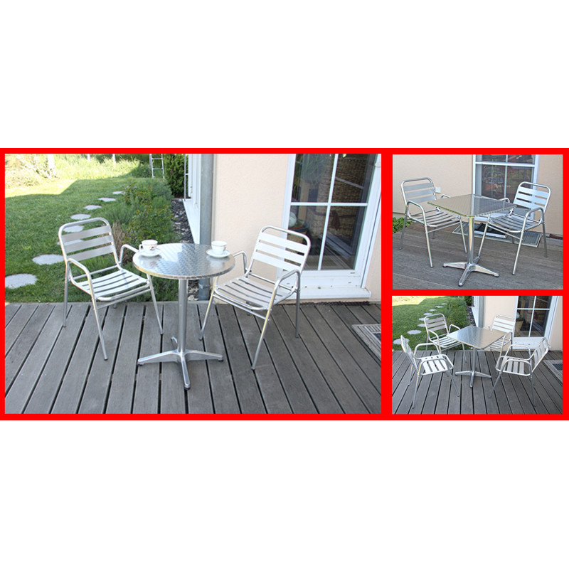 Garniture de bistro, ensemble chaises et table de jardin, aluminium, empilable - table ronde + 2x chaise