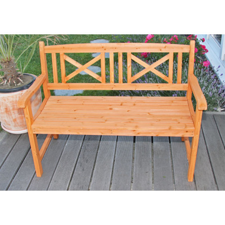 Banc de jardin M29, en bois massif, 117x48x87cm, 2 places, marron