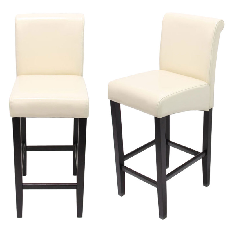 Lot de 2 tabourets de bar bois/cuir reconstitué, crème/pieds foncés