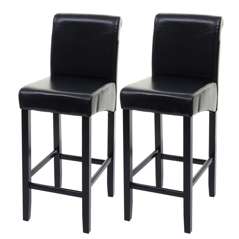 Lot de 2 tabourets de bar bois/cuir reconstitué, noir/pieds foncés