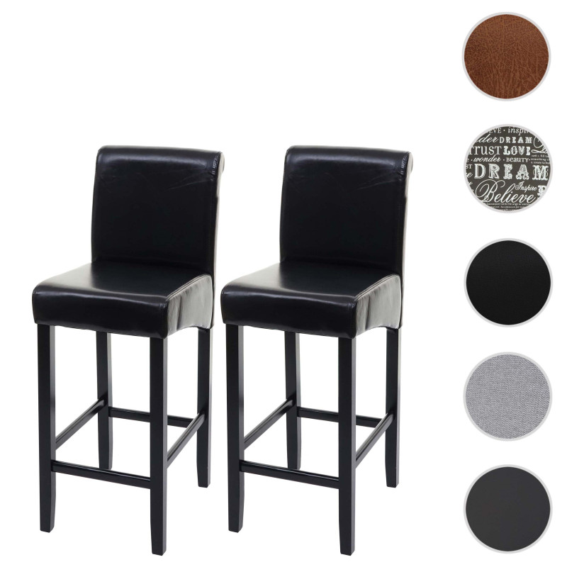 Lot de 2 tabourets de bar bois/cuir reconstitué, noir/pieds foncés