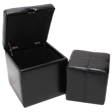 Lot de 2 tabourets Onex, pouf + cube-coffre, cuir, noir