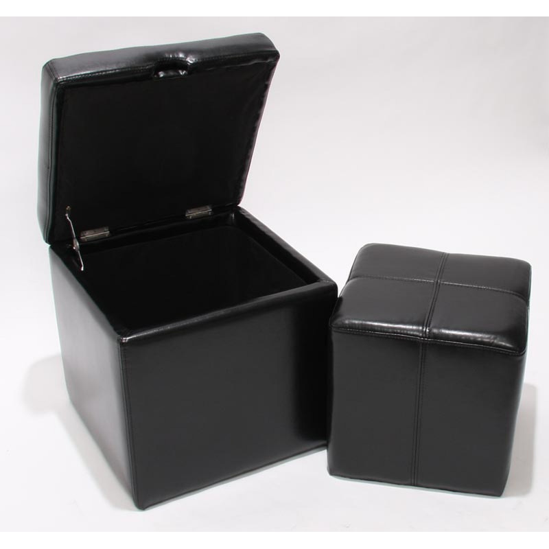 Lot de 2 tabourets Onex, pouf + cube-coffre, cuir, noir