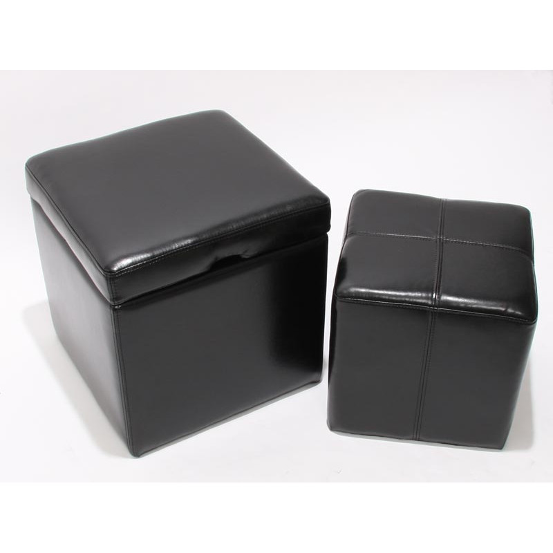 Lot de 2 tabourets Onex, pouf + cube-coffre, cuir, noir