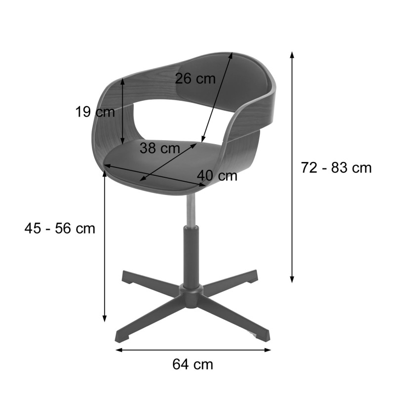 Chaise de bureau réglable en hauteur, bois courbé - aspect noyer, cuir synthétique noir