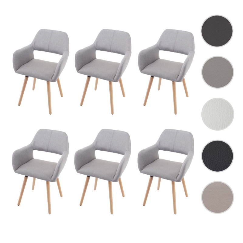 6x chaise de salle à manger fauteuil, style rétro années 50 - tissu, gris clair, pieds clairs