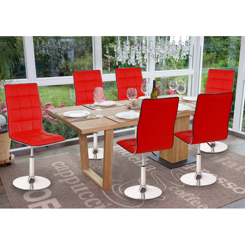 6x chaise de salle à manger oscillant, réglable en hauteur, pied en métal brossé, similicuir - rouge