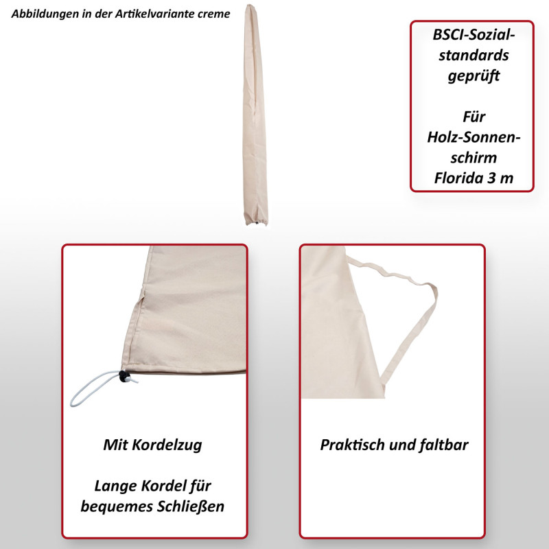 Housse de protection pour parasol en bois Florida 3m, housse Cover avec cordon de serrage - crème