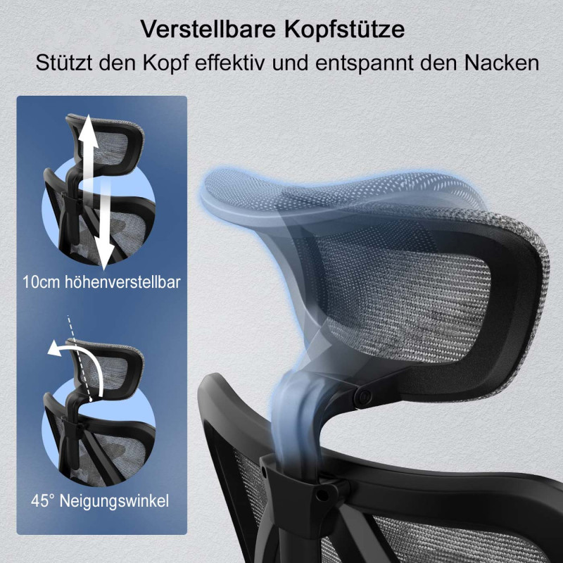 SIHOO chaise de bureau ergonomique charge max. 150kg - revêtement gris, piétement blanc