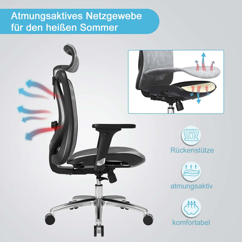 SIHOO chaise de bureau ergonomique charge max. 150kg - revêtement gris, piétement blanc