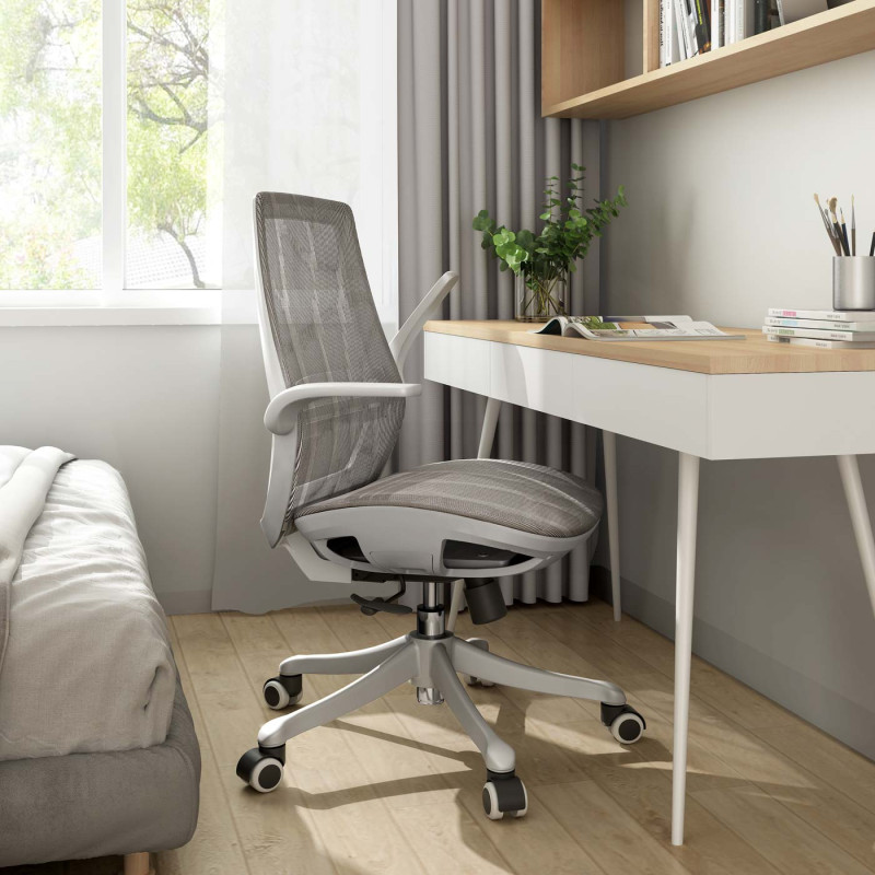 Chaise de bureau dossier ergonomique en forme de S, soutien de la taille, accoudoir relevable - gris