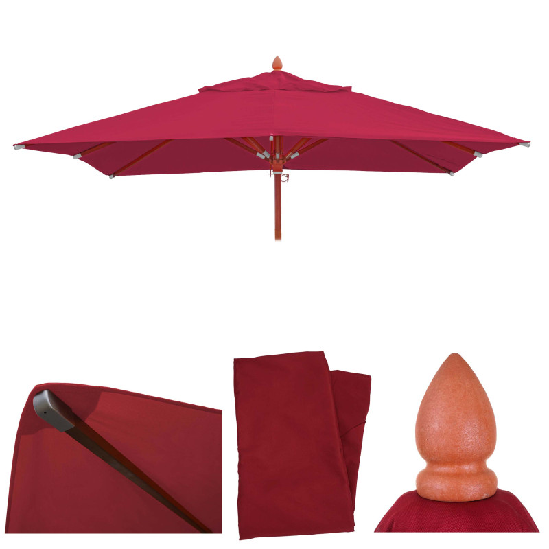 Toile pour la gastronomie parasol en bois carré 3x3m polyester 3kg - bordeaux