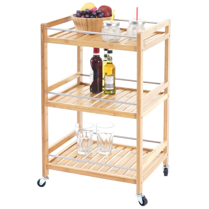 Desserte haquet en bois avec roulettes, chariot de service, cuisine, bambou 76x46x38cm