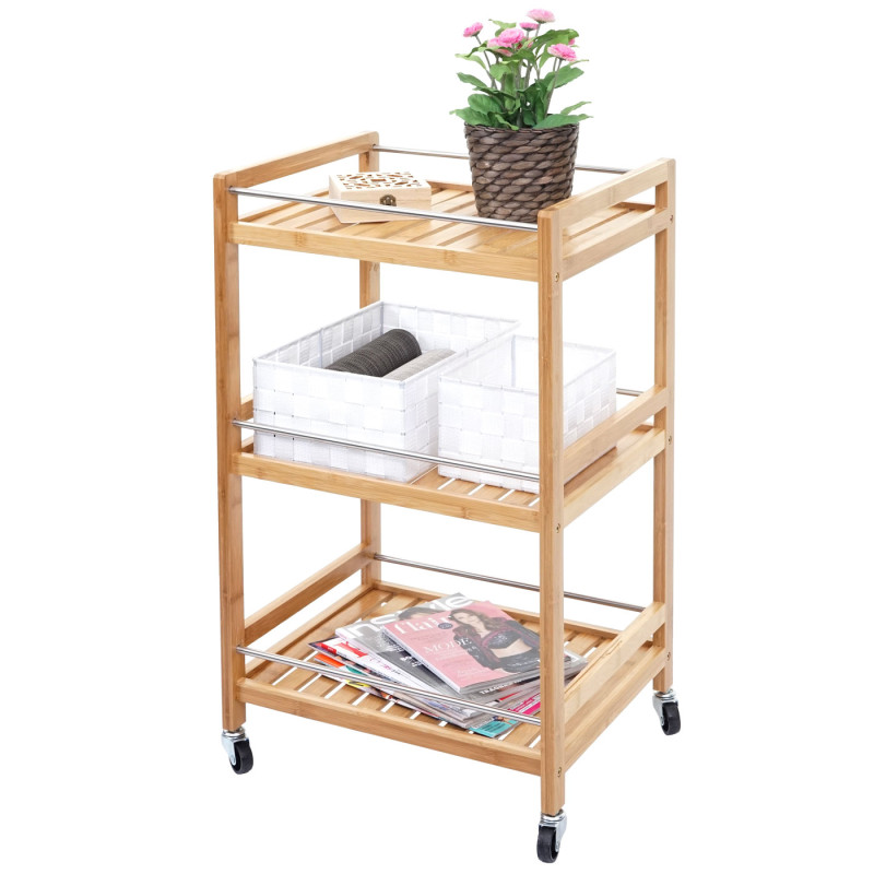 Desserte haquet en bois avec roulettes, chariot de service, cuisine, bambou 76x46x38cm