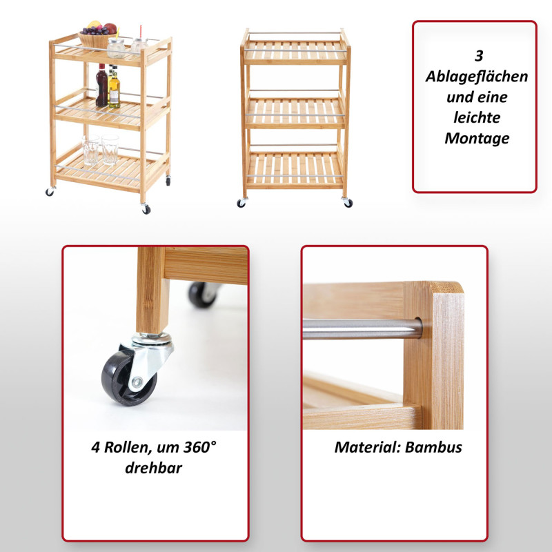 Desserte haquet en bois avec roulettes, chariot de service, cuisine, bambou 76x46x38cm