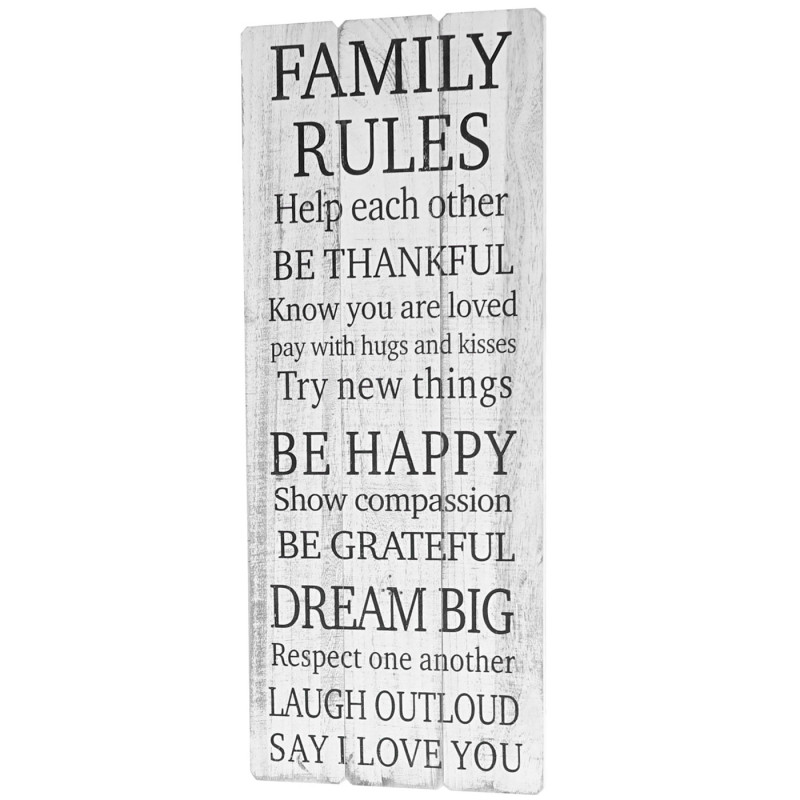 Panneau mural Family Rules, panneau en bois, look shabby vintage 76x31cm