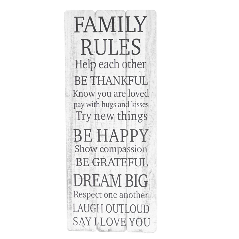 Panneau mural Family Rules, panneau en bois, look shabby vintage 76x31cm