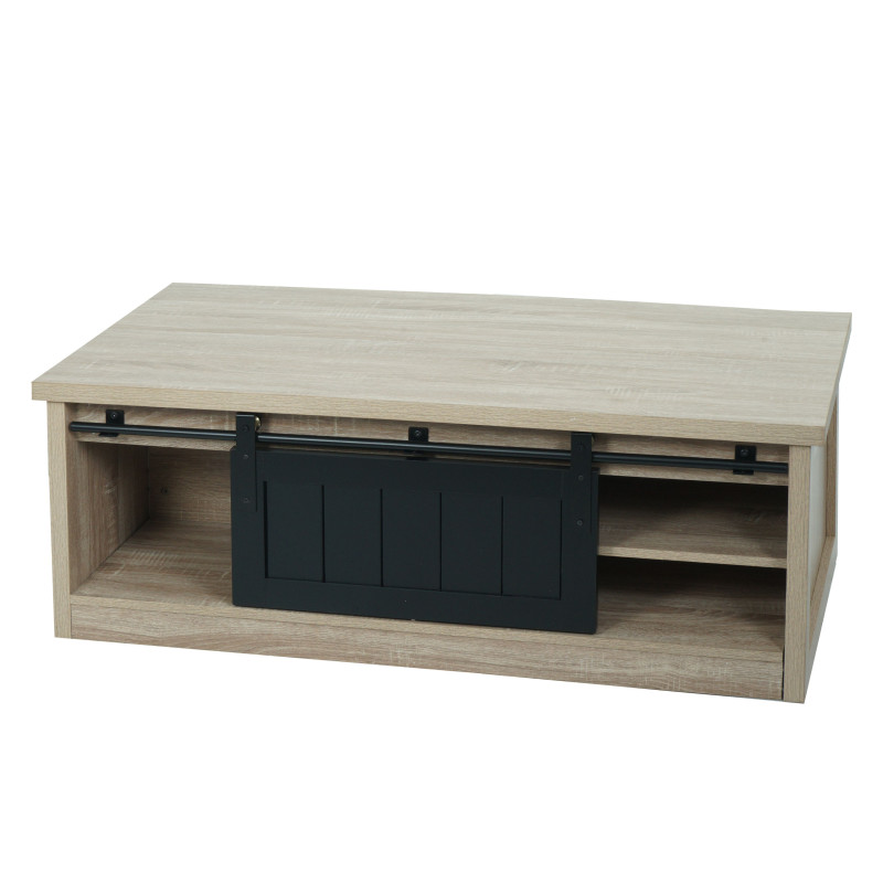 Table basse table d'appoint porte coulissante 6 compartiments de rangement, aspect bois métal 44x120x60cm - naturel