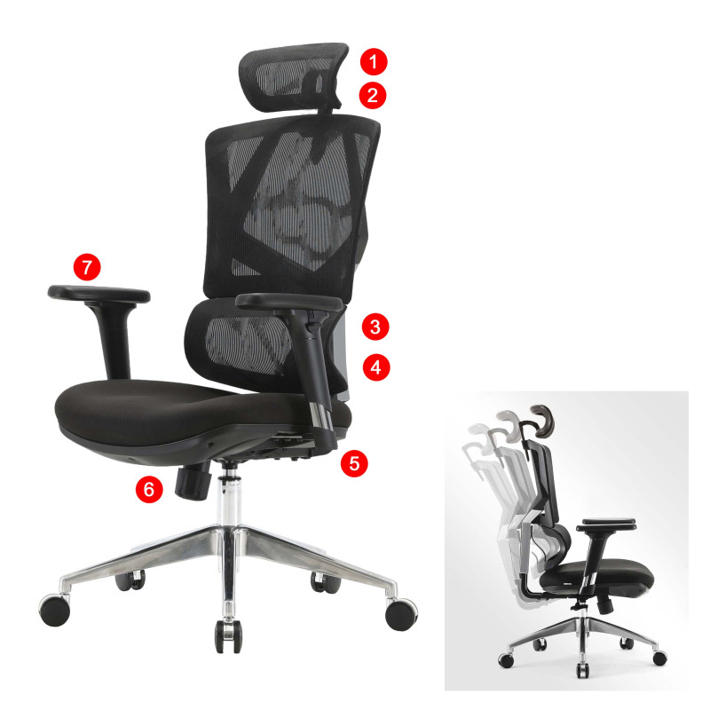Chaise de bureau ergonomique, appui-lordose haut dossier accoudoirs 3D - rembourré noir