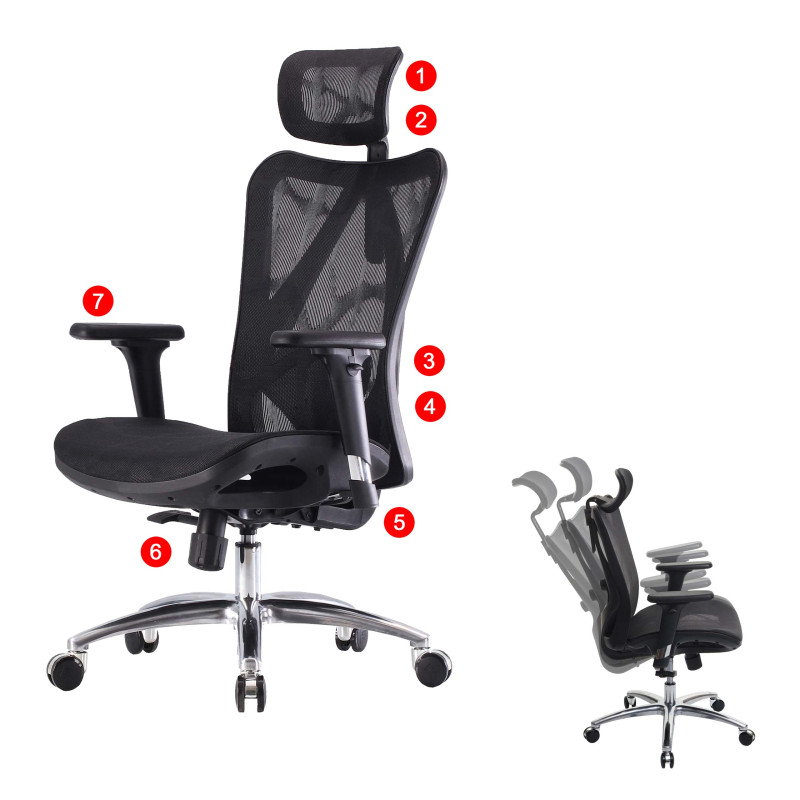 SIHOO chaise de bureau ergonomique charge max. 150kg - housse noire, piétement noir