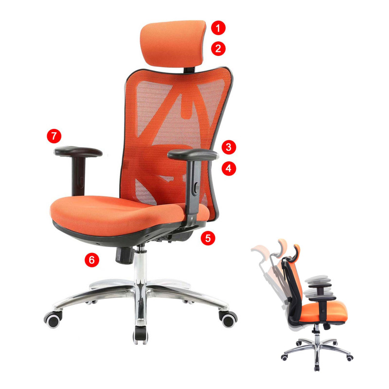 Chaise de bureau SIHOO Chaise de bureau, ergonomique, charge max. 150kg - sans repose-pieds, orange