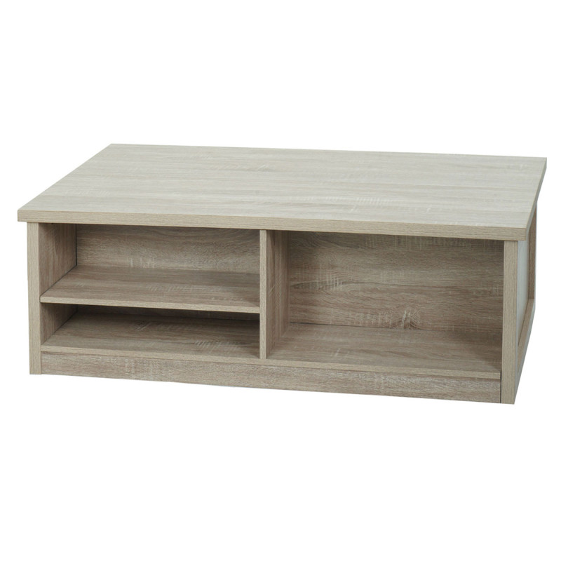 Table basse table d'appoint porte coulissante 6 compartiments de rangement, aspect bois métal 44x120x60cm - naturel