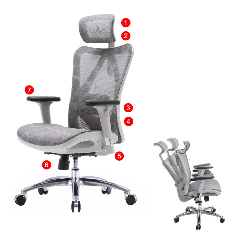 SIHOO chaise de bureau ergonomique charge max. 150kg - revêtement gris, piétement blanc