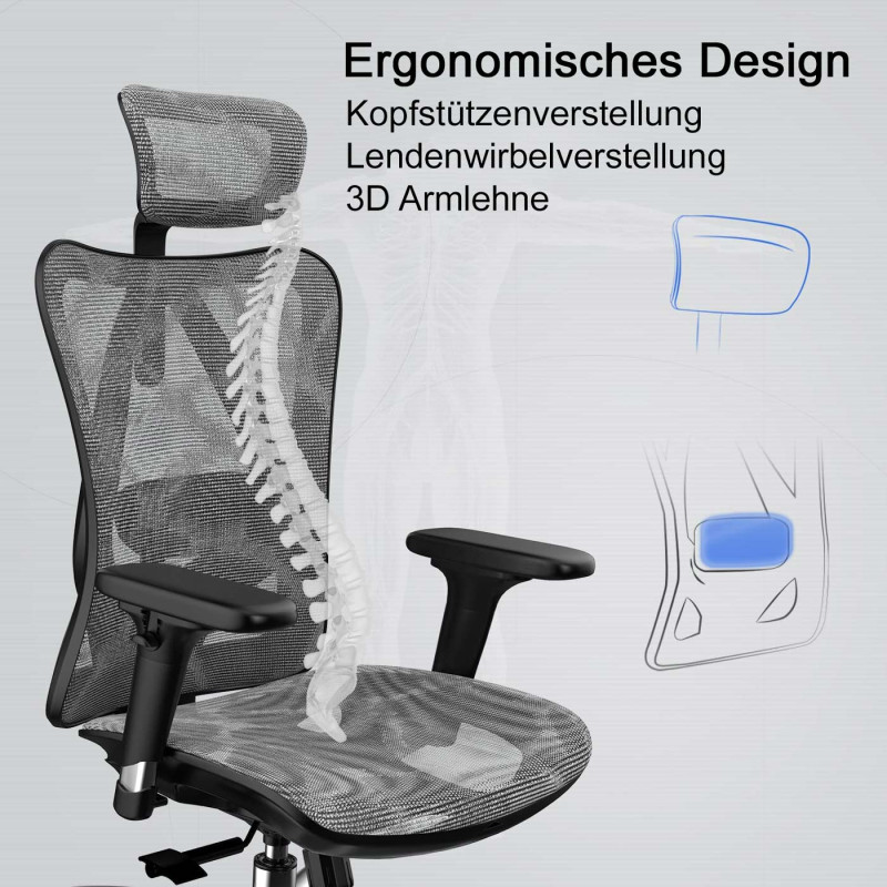 SIHOO chaise de bureau ergonomique charge max. 150kg - revêtement gris, piétement blanc