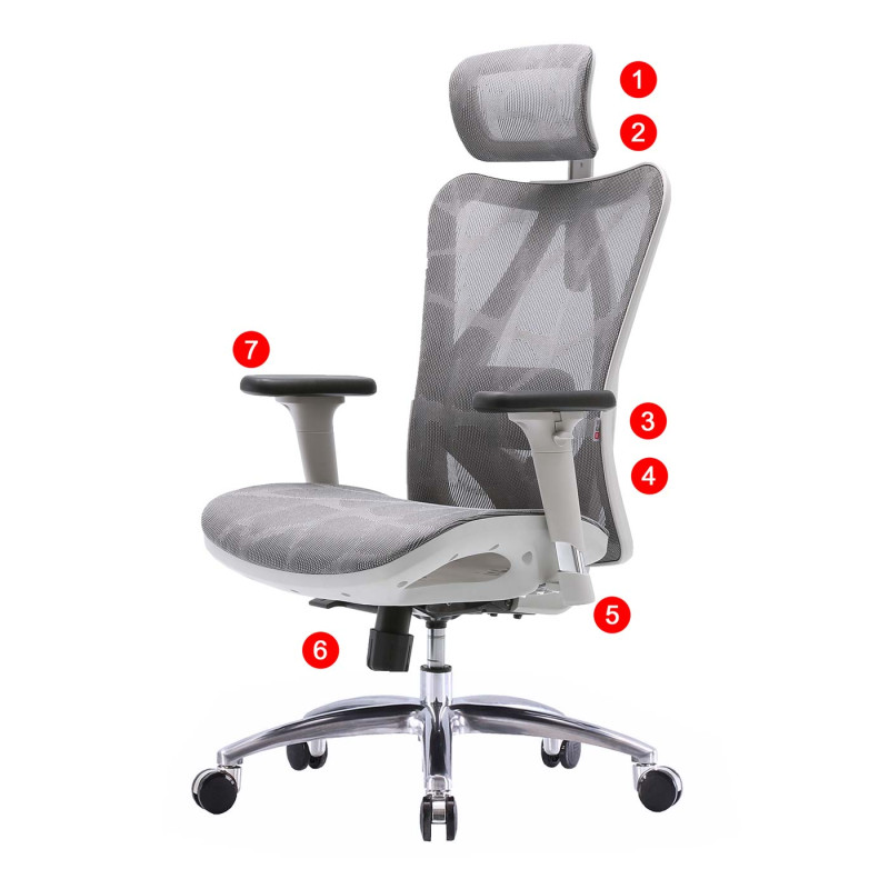 SIHOO chaise de bureau ergonomique charge max. 150kg - revêtement gris, piétement blanc