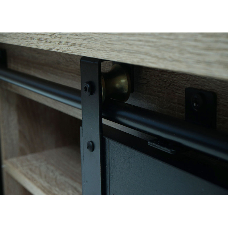 Rack TV Table de télévision, portes coulissantes, compartiments de rangement, aspect bois métal industriel 43x150x40cm