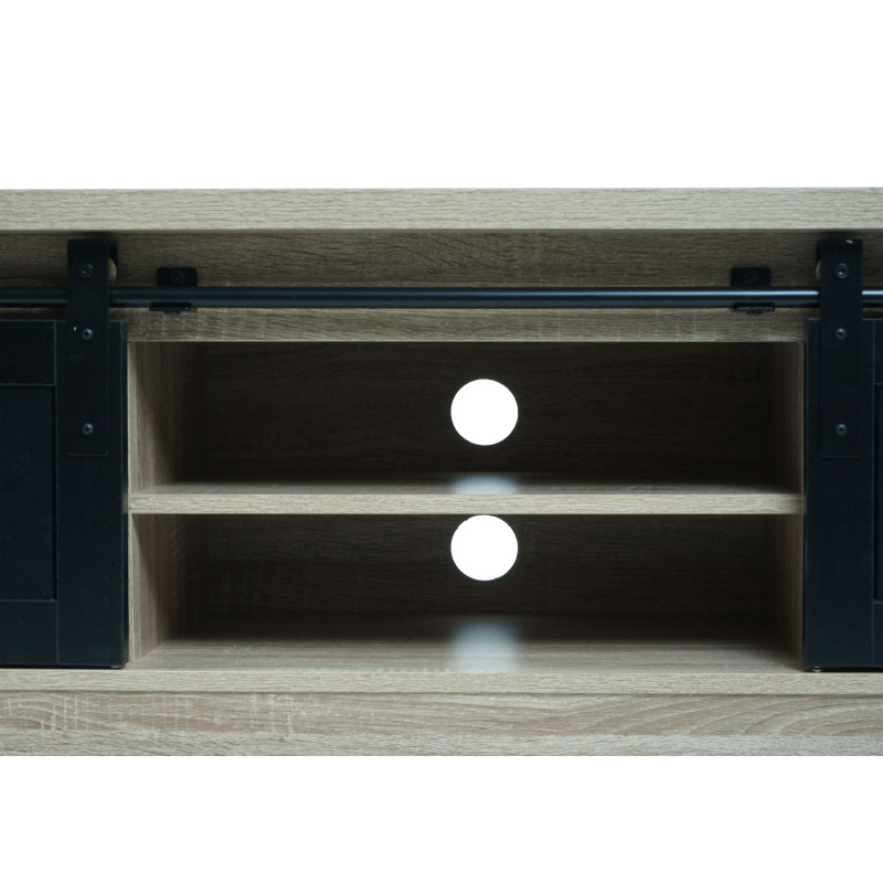 Rack TV Table de télévision, portes coulissantes, compartiments de rangement, aspect bois métal industriel 43x150x40cm
