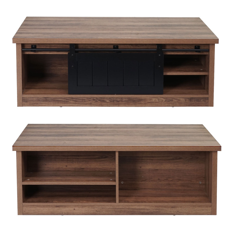 Table basse table d'appoint, porte coulissante 6 compartiments de rangement, aspect bois métal industriel 44x120x60cm - brun