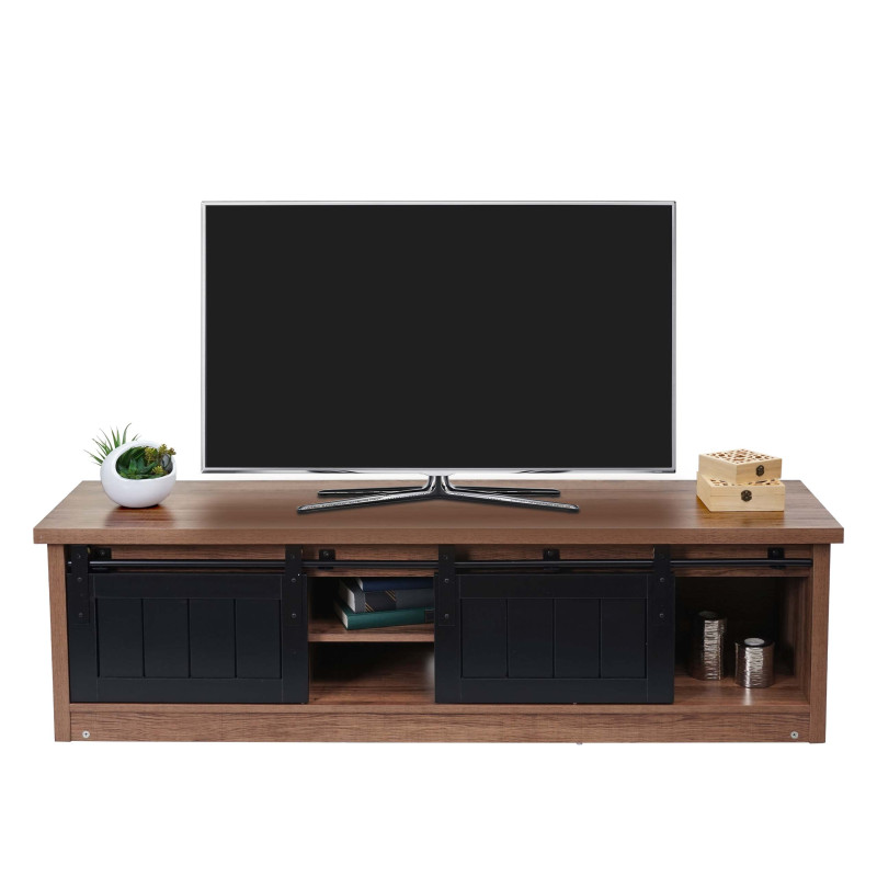 Rack TV Table TV, portes coulissantes, compartiments de rangement, aspect bois métal industriel 43x150x40cm - brun
