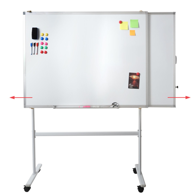 Tableau blanc avec tableau extensible  magnétique, mobile sur roulettes, accessoires inclus, 167x186cm