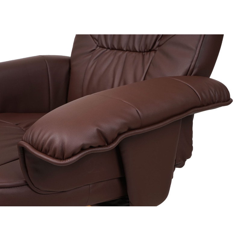 Fauteuil relax M56, Fauteuil TV avec pouf Ottomane, similicuir bois d'eucalyptus - rouge-brun