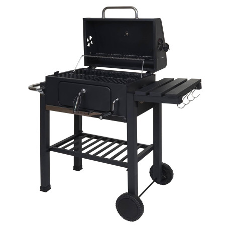 Chariot de barbecue au charbon de bois Barbecue BBQ gril de jardin avec couvercle étagères, acier, 110x100x51cm noir