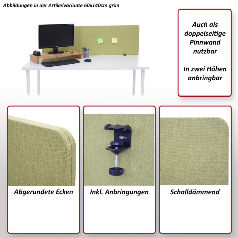 Cloison acoustique de bureau protection visuelle de bureau Tableau d'affichage, double paroi tissu/textile - 60x120cm vert