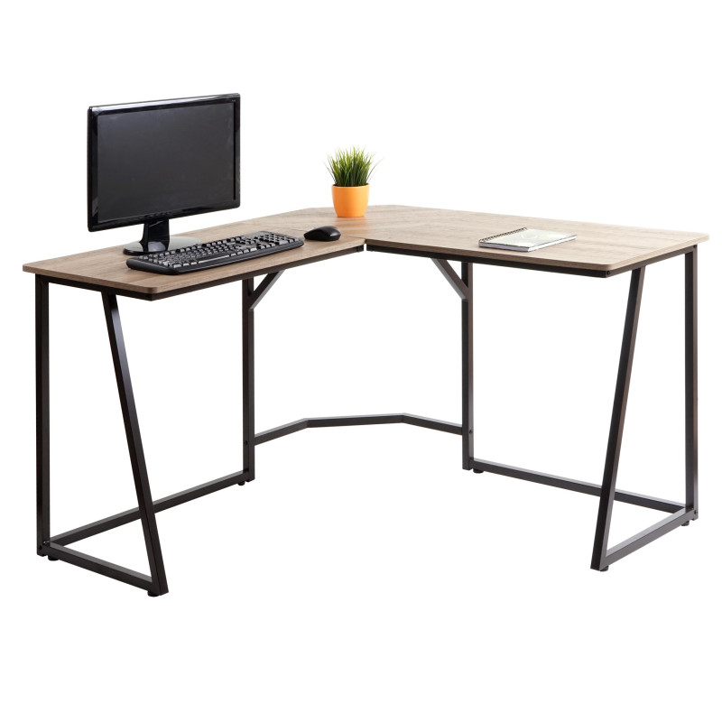 Bureau d'angle table d'ordinateur, certifié MVG 76x175x100cm, MDF métal - naturel