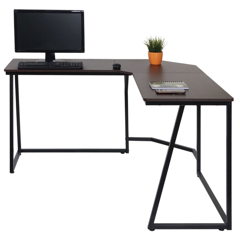 Bureau d'angle table d'ordinateur, certifié MVG 76x196x110cm, MDF métal - brun foncé