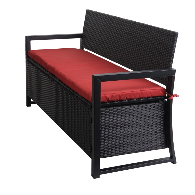 Poly-Rattan Banc 3 places Banc de jardin coffre, rangement Coussin d'assise - anthracite, coussin bordeaux