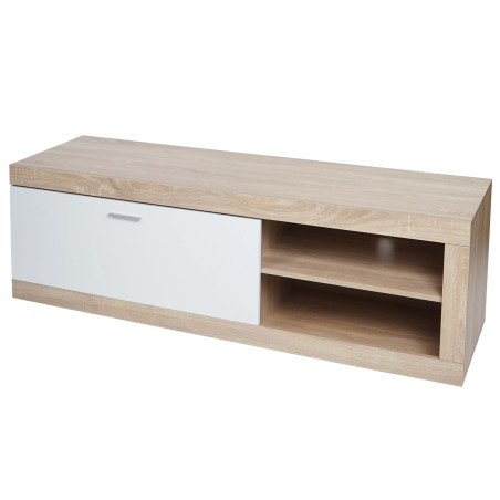 Rack TV Table TV Table basse Armoire TV Commode, bois 43x140x41cm Compartiment de rangement, aspect chêne, blanc